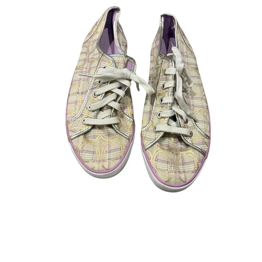 Coach Casual Plaid Canvas Lace-Up Sneakers in Cream and Lavender